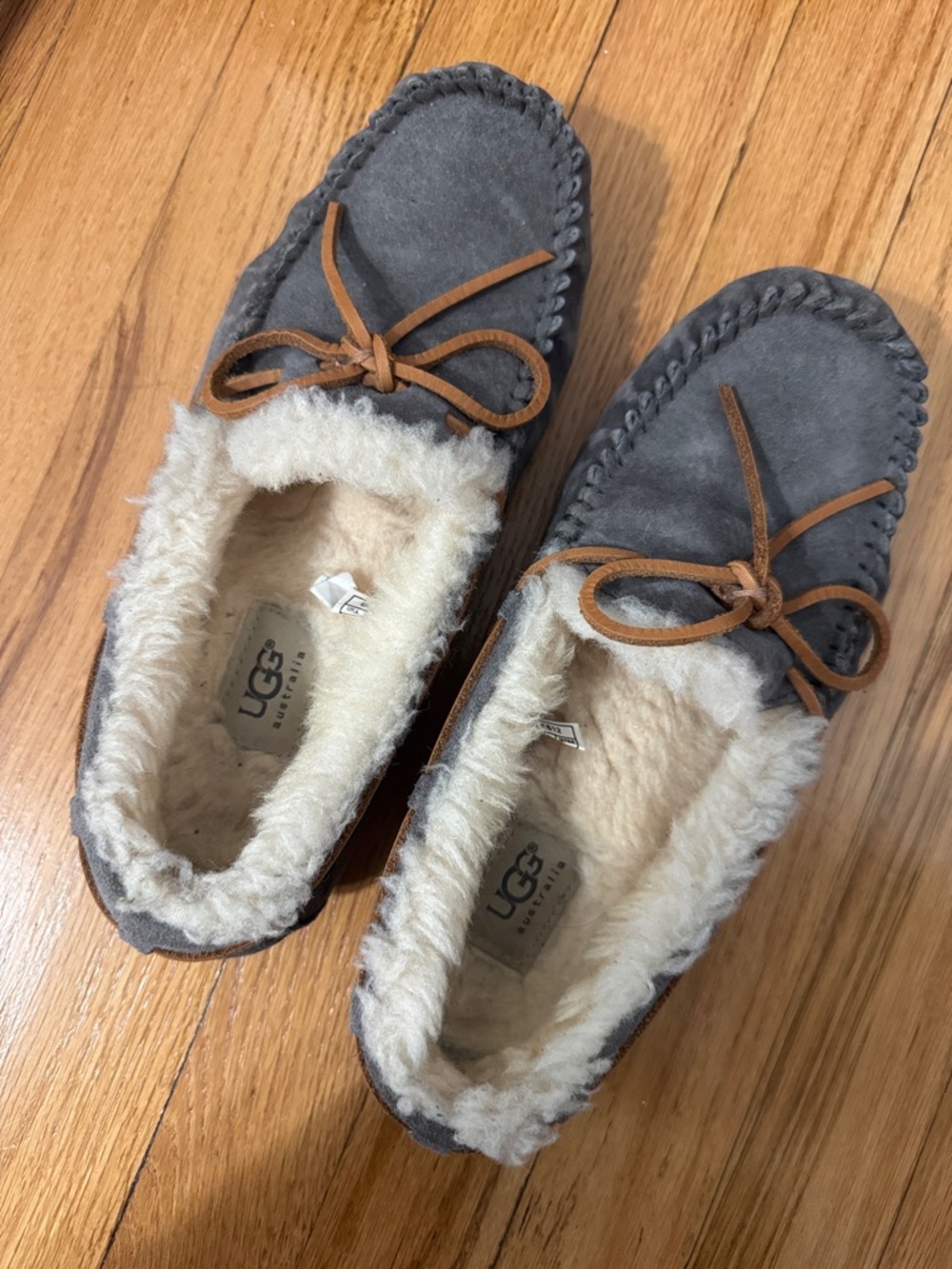 UGG Gray Suede Shearling-Lined Moccasins with Tan Bow